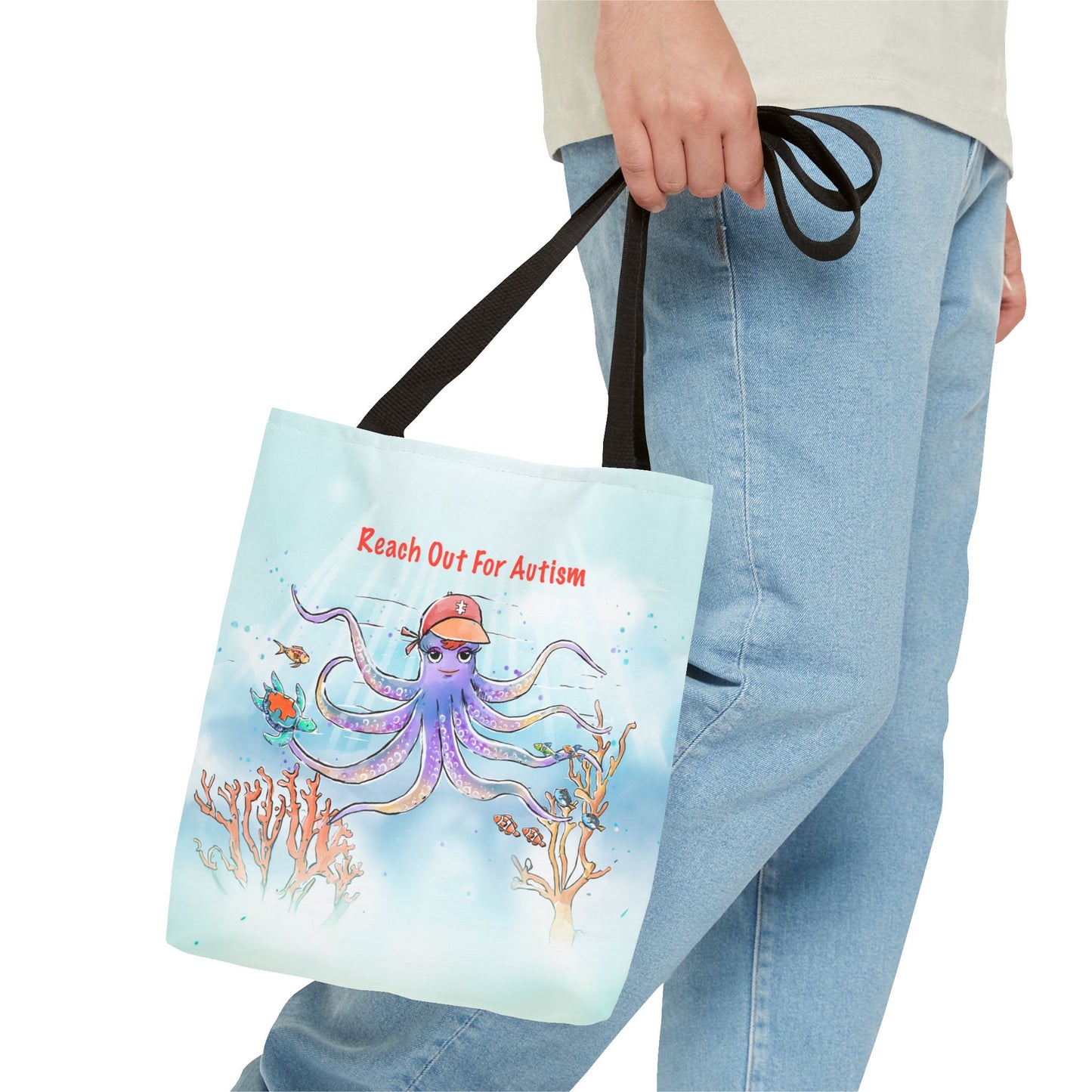 Reach Out For Autism Tote Neurodiversity Library Tote Whimsical Graphic Tote, Supportive Octopus Image tote